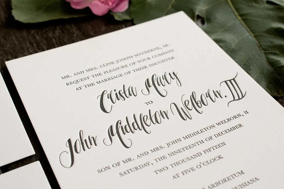 Complete letterpress wedding suite with envelope showing coordinating Crane's Lettra paper
